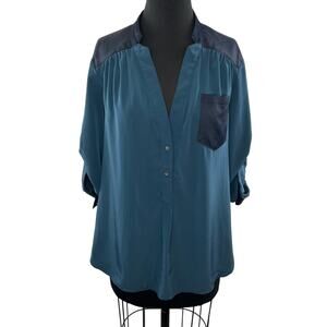 ZOA NEW YORK Blue Teal Gray Equipment Blouse Pocket Front Size XS Anthropologie